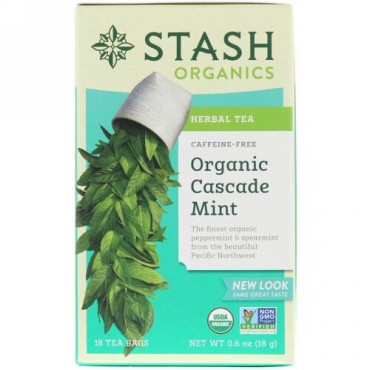 Stash Tea, Herbal Tea, Organic Cascade Mint, Caffeine-Free, 18 Tea Bags, 0.6 oz (18 g) (Discontinued Item)