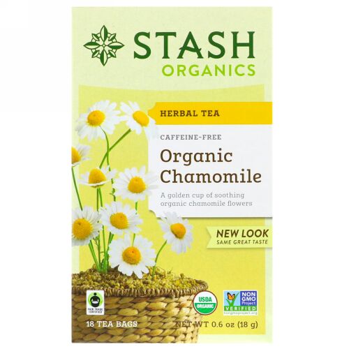 Stash Tea, Herbal Tea, Organic Chamomile, Caffeine Free, 18 Tea Bags, 0.6 oz (18 g)