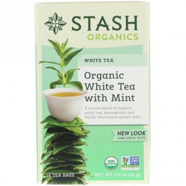 Stash Tea, プレミアム, オーガニック, 白茶, ミント配合, 18ティーバッグ, 0.8オンス（24 g） (Discontinued Item)
