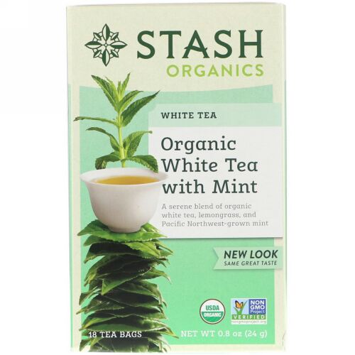 Stash Tea, プレミアム, オーガニック, 白茶, ミント配合, 18ティーバッグ, 0.8オンス（24 g） (Discontinued Item)