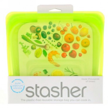 Stasher, 再利用可能シリコンフードバッグ、サンドイッチサイズ（中型）、ライム、15 fl oz (450 ml)