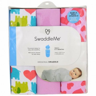 Summer Infant, Swaddle Me、オリジナルおくるみ、小、0-3ヶ月向け、エレファントハート、3枚 (Discontinued Item)