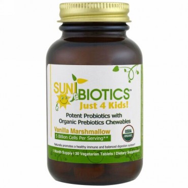 Sunbiotics, Just 4 Kids、オーガニック・プロバイオティック・チュアブル、バニラマシュマロ、植物性錠剤30個 (Discontinued Item)