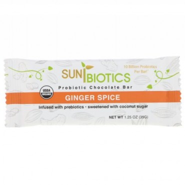 Sunbiotics, Organic, Probiotic Chocolate Bar, Ginger Spice, 1.25 oz (35 g) (Discontinued Item)