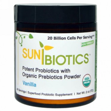 Sunbiotics, 強力プロバイオティクス、オーガニック プレバイオティクス パウダー入り、バニラ、2 oz (57 g)