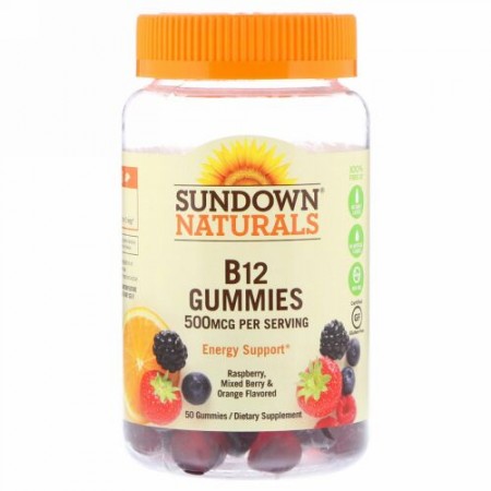 Sundown Naturals, ビタミンB12グミ, ラズベリー, ミックスベリー&オレンジ, 500 mcg, 50グミ (Discontinued Item)