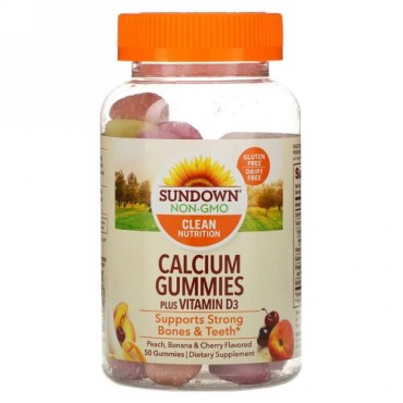 Sundown Naturals, カルシウムグミ、プラスビタミンD3、ピーチ、バナナとチェリー風味、50グミ