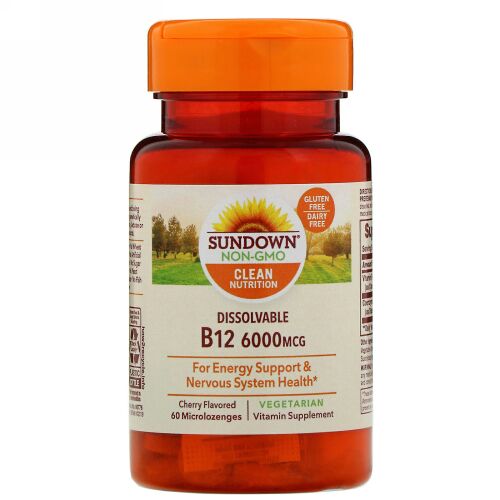 Sundown Naturals, 溶解性B12、チェリー風味、6,000 mcg、マイクロトローチ60粒