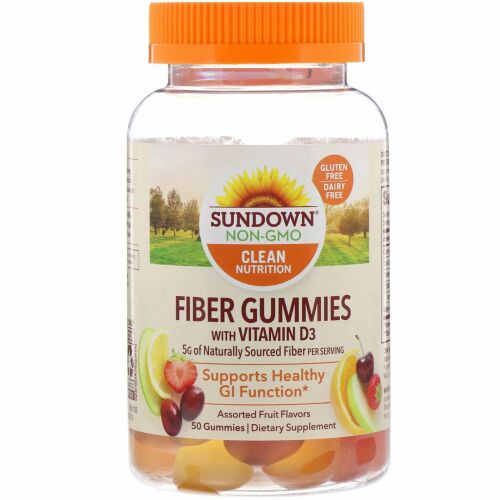 Sundown Naturals, Fiber Gummies with Vitamin D3, Assorted Fruit Flavors, 50 Gummies