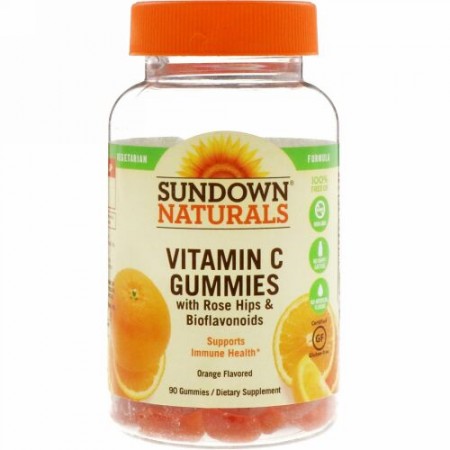 Sundown Naturals, ローズヒップとバイオフラボノイド配合ビタミンCグミ、オレンジ味、グミ90粒