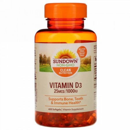 Sundown Naturals, ビタミンD3、25mcg（1000 IU）、ソフトジェル400粒