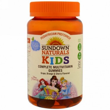 Sundown Naturals Kids, コンプリートマルチビタミングミ、ディズニープリンセス、グレープ・オレンジ・チェリー風味、60粒