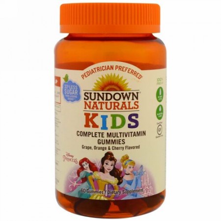 Sundown Naturals Kids, コンプリートマルチビタミングミ、ディズニープリンセス、グレープ・オレンジ・チェリー風味、60粒