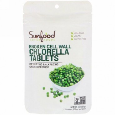 Sunfood, Broken Cell Wall Chlorella Tablets, 250 mg, 228 Tablets, 2 oz (57 g)