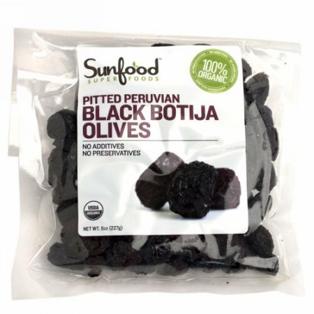 Sunfood, 有機、種なし ペルー産ブラックオリーブ(Black Botija Olivess)、8 oz (227 g)