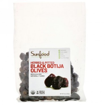 Sunfood, オーガニック ブラックボティハオリーブ, ハーブ漬け &　種無し, 8 オンス (227 g) (Discontinued Item)
