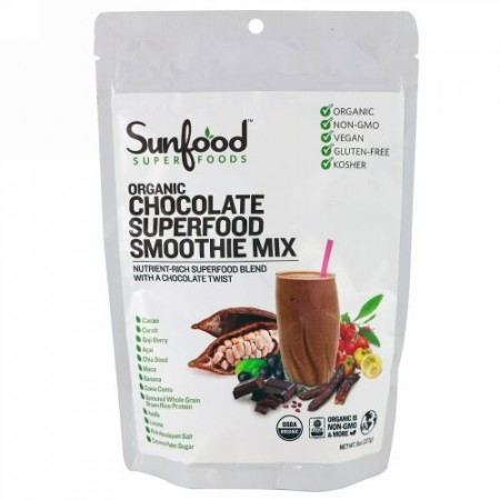 Sunfood, オーガニック チョコレートスーパーフード スムージー ミックス、8oz (227g)