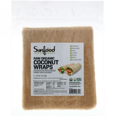 Sunfood, 未加工オーガニックココナッツラップ、7枚、126g（4.4oz）