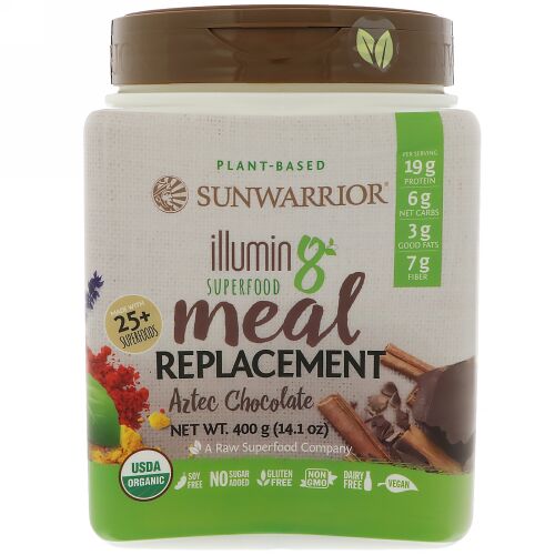 Sunwarrior, Illumin8、植物由来オーガニックスーパーフード・ミールリプレースメント（食事代替品）、アステカチョコレート、14.1 oz (400 g) (Discontinued Item)