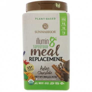 Sunwarrior, Illumin8、植物由来オーガニックスーパーフード・ミールリプレースメント（食事代替品）、アステカチョコレート、1.76 lb (800 g) (Discontinued Item)