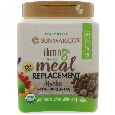 Sunwarrior, Illumin8、植物由来オーガニックスーパーフード・ミールリプレースメント（食事代替品）、モカ、14.1 oz (400 g) (Discontinued Item)