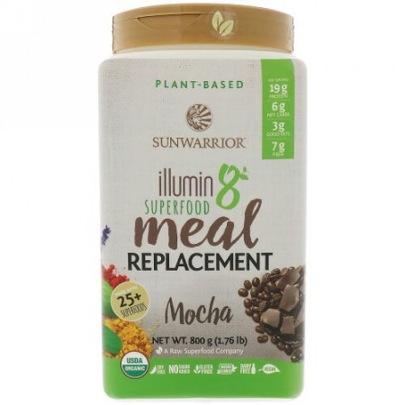 Sunwarrior, Illumin 8, Plant-Based Organic Superfood Meal Replacement, Mocha, 800 g (1.76 lbs) (Discontinued Item)