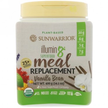 Sunwarrior, Illumin8、植物由来オーガニックスーパーフード・ミールリプレースメント（食事代替品）、バニラビーンズ、14.1 oz (400 g) (Discontinued Item)