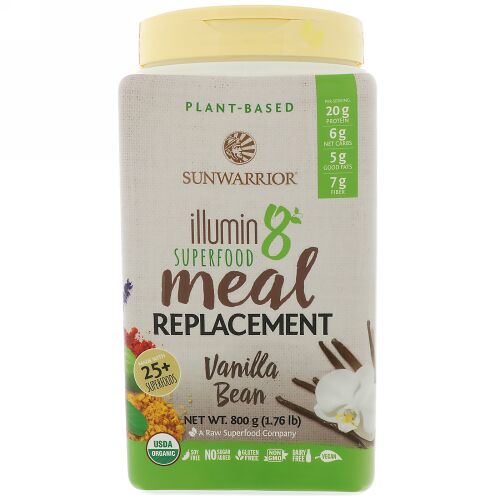 Sunwarrior, Illumin8、植物由来オーガニックスーパーフード・ミールリプレースメント（食事代替品）、バニラビーンズ、1.76 lb (800 g) (Discontinued Item)