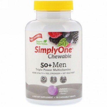 Super Nutrition, SimplyOne、50歳以上の男性用、トリプルパワーマルチビタミン、ワイルドベリーフレーバー、90チュアブル錠