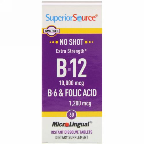 Superior Source, 超強度B-12、B-6、葉酸、10000mcg / 1200mcg、すぐ溶けるマイクロリンガル錠剤60錠