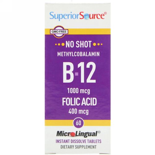 Superior Source, B-12 メチルコバラミンと葉酸, 1000 mcg/400 mcg, マイクロリンガル即溶性錠剤 60錠 (Discontinued Item)