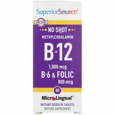 Superior Source, メチルコバラミンB-12、1000mcg、B-6および葉酸800mcg、マイクロリンガル即溶性タブレット60粒