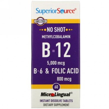 Superior Source, メチルコバラミン B12 5000 mcg、B-6 & 葉酸 800 mcg 、60 錠