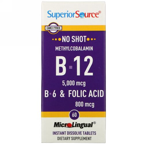 Superior Source, メチルコバラミン B12 5000 mcg、B-6 & 葉酸 800 mcg 、60 錠