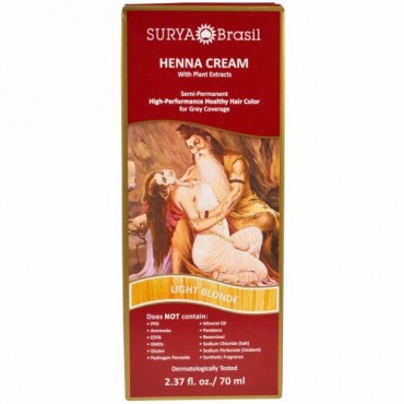 Surya Brasil, ヘナクリーム、 ハイパフォーマンス・ヘルシー白髪染めヘアカラー、 ライトブロンド、  2.37 液量オンス (70 ml) (Discontinued Item)