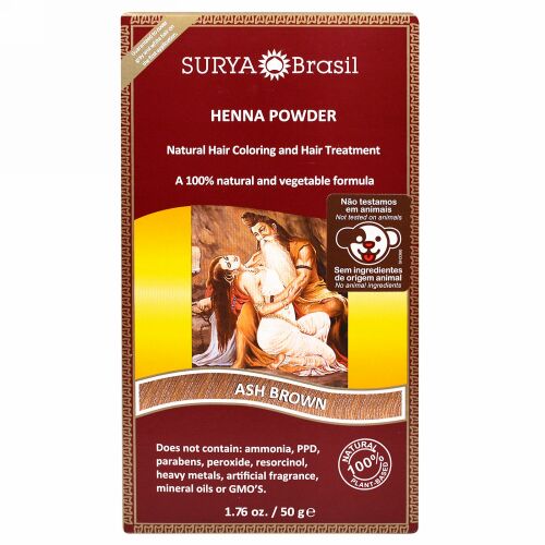 Surya Brasil, Henna Brazil, Natural Hair Coloring and Hair Treatment Powder, Ash Brown, 1.76 oz (50 g) (Discontinued Item)