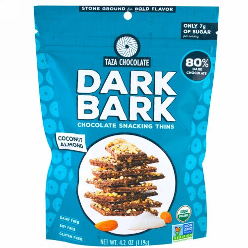 Taza Chocolate, Organic, 80% Dark Bark Chocolate Snacking Thins, Coconut Almond,  4.2 oz (119 g) (Discontinued Item)