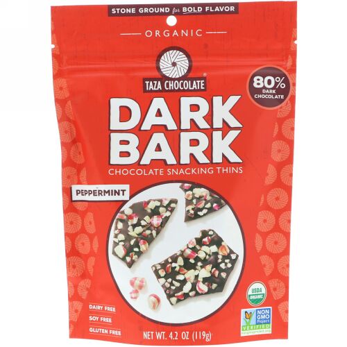 Taza Chocolate, Organic, 80% Dark Bark Chocolate Snacking Thins, Peppermint, 4.2 oz (119 g) (Discontinued Item)
