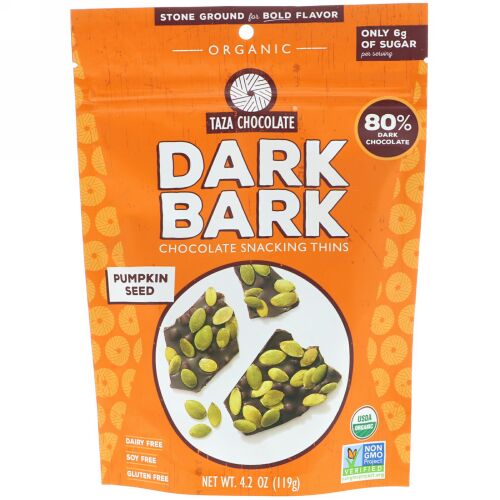 Taza Chocolate, Organic, 80% Dark Bark Chocolate Snacking Thins, Pumpkin Seed, 4.2 oz (119 g) (Discontinued Item)