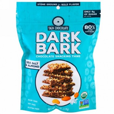 Taza Chocolate, Organic, 80% Dark Bark Chocolate Snacking Thins, Sea Salt & Almond, 4.2 oz (119 g) (Discontinued Item)