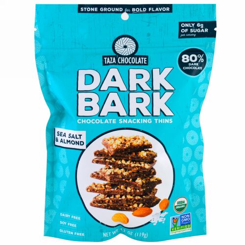 Taza Chocolate, Organic, 80% Dark Bark Chocolate Snacking Thins, Sea Salt & Almond, 4.2 oz (119 g) (Discontinued Item)