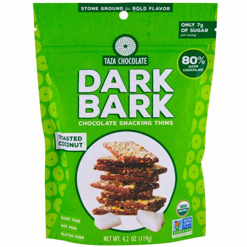 Taza Chocolate, オーガニック、80％ダークバークチョコレートスナッキングシンズ、トーストココナッツ、4.2オンス（119 g） (Discontinued Item)