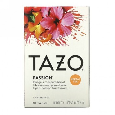 Tazo Teas, パッション、ハーブティー、カフェインフリー、20フィルターバッグ、1.8 oz (52 g)
