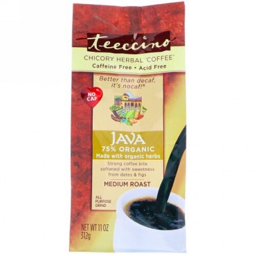Teeccino, チコリーハーバルコーヒー、 ジャバ、 ミディアムロースト、 カフェイン 不使用、 11 oz (312 g)