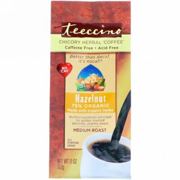 Teeccino, チコリーハーバルコーヒー、ミディアムロースト、カフェイン不使用、ヘーゼルナッツ、312g（11 oz）