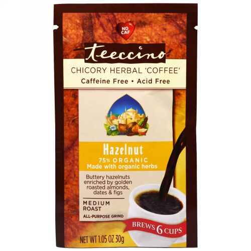 Teeccino, Chicory Herbal Coffee, Medium Roast, Hazelnut, Caffeine Free, 1.05 oz (30 g) (Discontinued Item)
