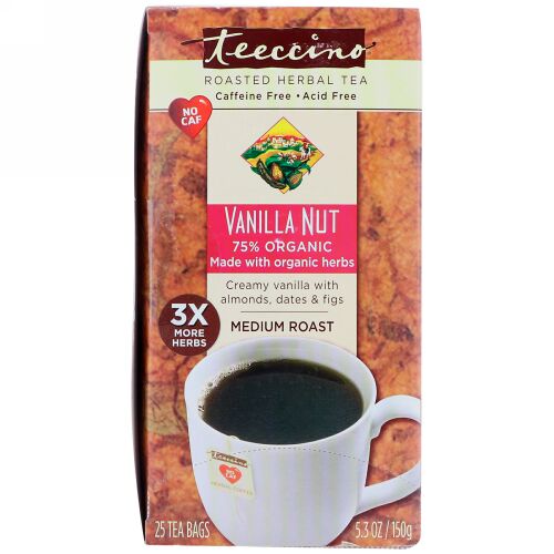 Teeccino, ハーブコーヒー、ミディアムロースト、バニラナッツ、カフェインフリー、ティーバッグ25個、150g（5.3オンス）