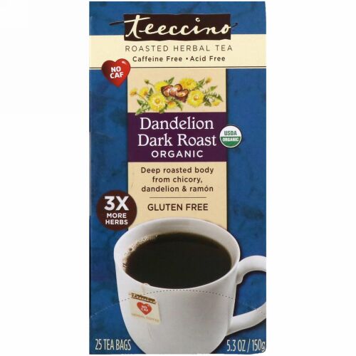 Teeccino, オーガニックローストハーブティー、タンポポダークロースト、カフェインフリー、25袋、5.3 oz (150 g)