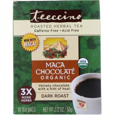 Teeccino, オーガニックローストハーブティー、チョコレート、ダークロースト、カフェインフリー、10袋、2.12 oz (60 g)