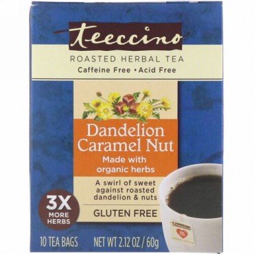 Teeccino, Roasted Herbal Tea, Dandelion Caramel Nut, Caffeine Free, 10 Tea Bags, 2.12 oz (60 g)